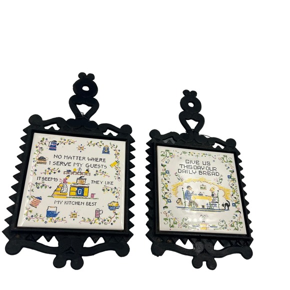 Vintage Ceramic Tile & Cast Iron Trivet MCM MidCentury Daily Bread DAMAGED - Picture 2 of 12